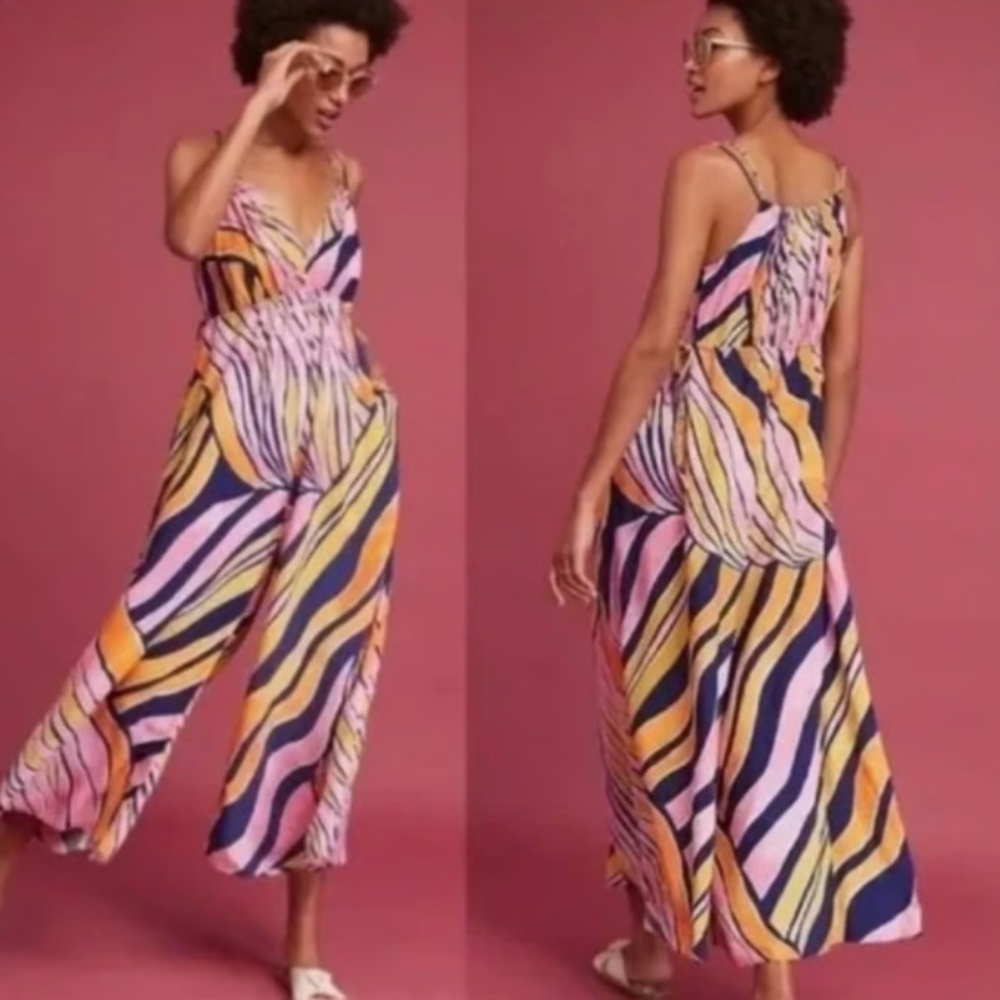 Anthropologie Maeve Wide Leg Crop FINLEY Jumpsuit Pink Animal Print